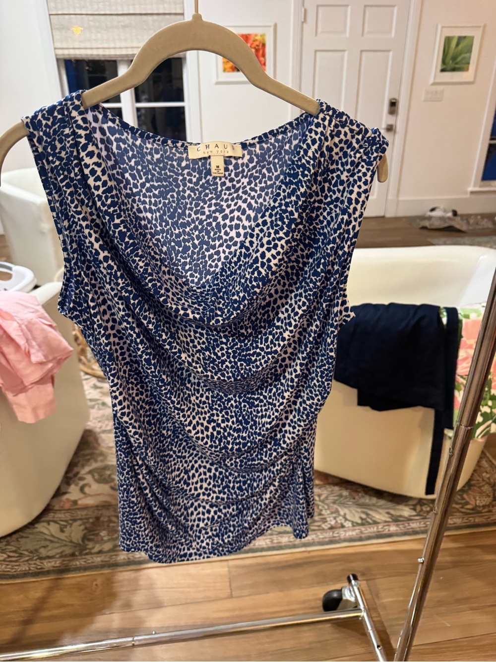 Chaus Blue and White Sleeveless Cowl Neck Blouse